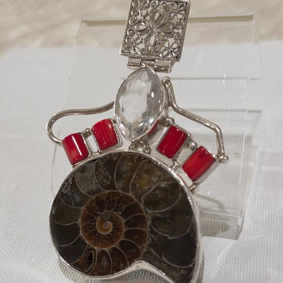 Vintage Ammonite Shell Red Coral Clear Gemstone Handmade Sterling Silver Pendant - Picture 5 of 12